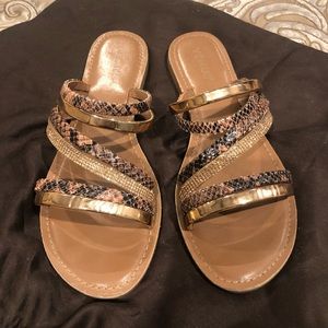 Venus Snake Skin, Gold, Rhinestones embellished strappy sandals.